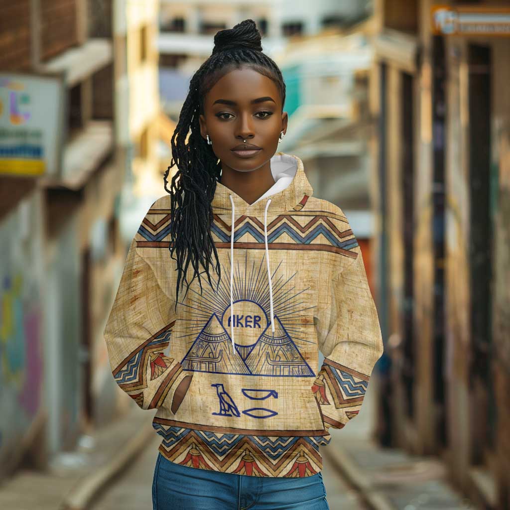 Aker Ancient Egyptian Hoodie with Hieroglyphic Pattern, Pyramid Symbol, and Twin Lion Guardians Motif - Wonder Print Shop