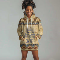 Aker Ancient Egyptian Hoodie Dress with Hieroglyphic Pattern, Pyramid Symbol, and Twin Lion Guardians Motif - Wonder Print Shop