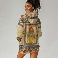 Aker Ancient Egyptian Hoodie Dress with Hieroglyphic Pattern, Pyramid Symbol, and Twin Lion Guardians Motif - Wonder Print Shop
