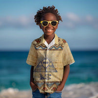 Aker Ancient Egyptian Kid Hawaiian Shirt with Hieroglyphic Pattern, Pyramid Symbol, and Twin Lion Guardians Motif - Wonder Print Shop
