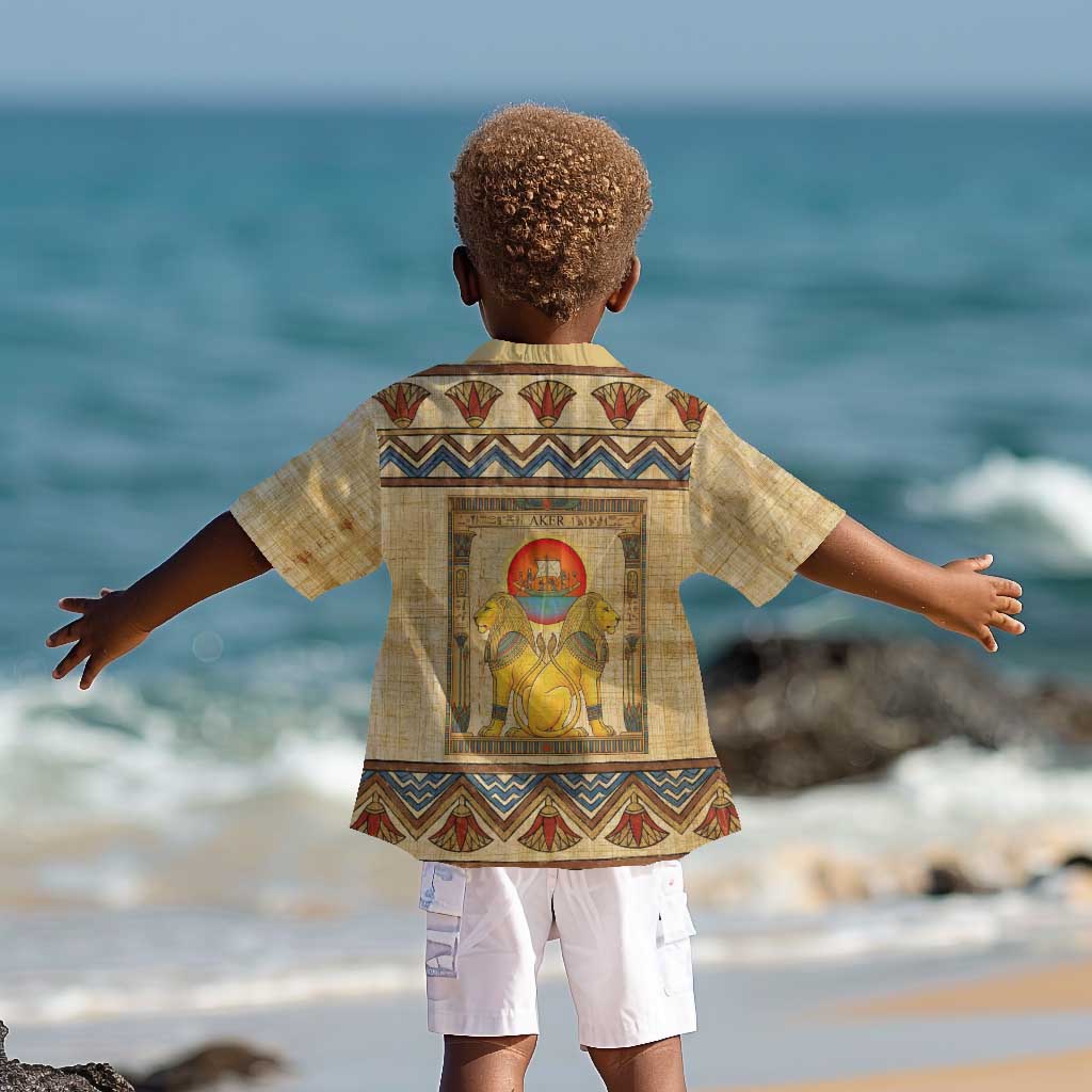 Aker Ancient Egyptian Kid Hawaiian Shirt with Hieroglyphic Pattern, Pyramid Symbol, and Twin Lion Guardians Motif - Wonder Print Shop