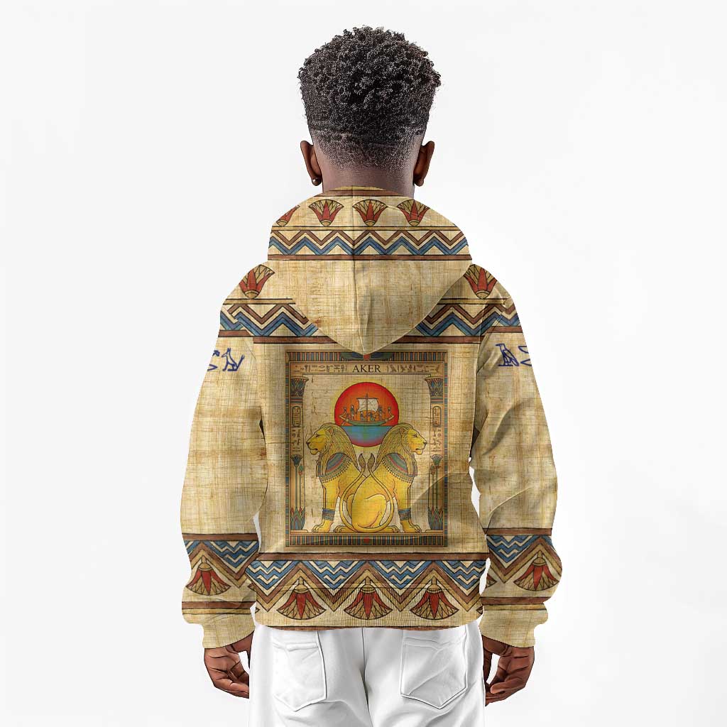 Aker Ancient Egyptian Kid Hoodie with Hieroglyphic Pattern, Pyramid Symbol, and Twin Lion Guardians Motif - Wonder Print Shop