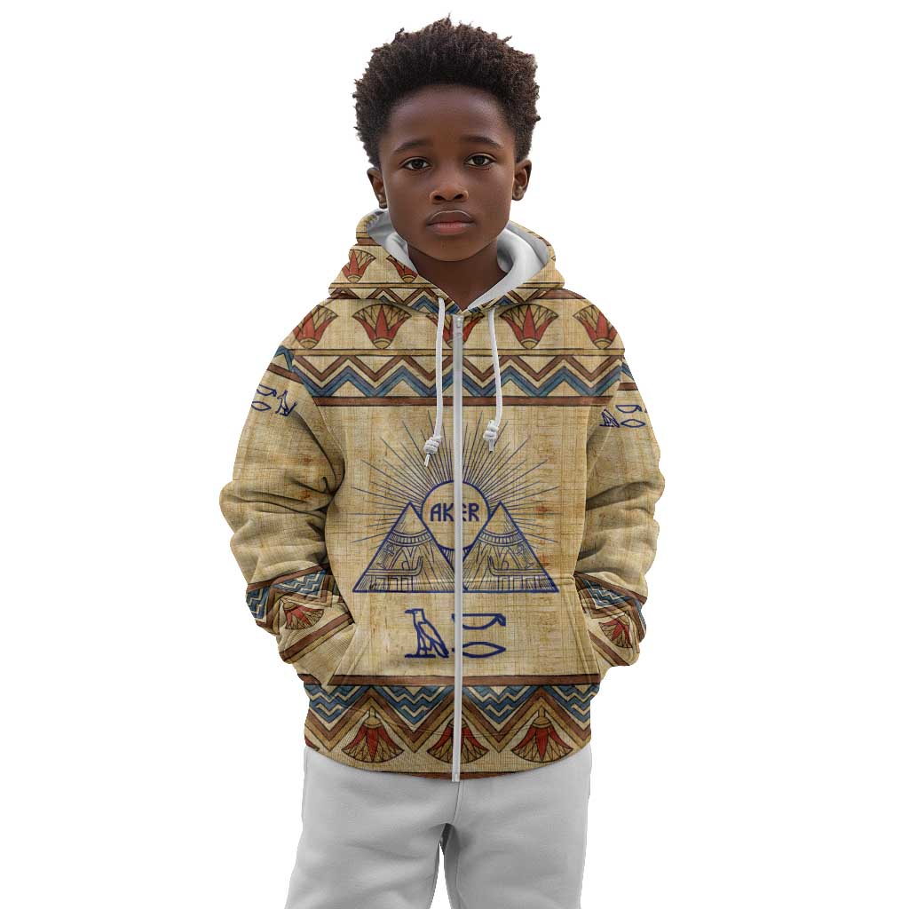Aker Ancient Egyptian Kid Hoodie with Hieroglyphic Pattern, Pyramid Symbol, and Twin Lion Guardians Motif - Wonder Print Shop