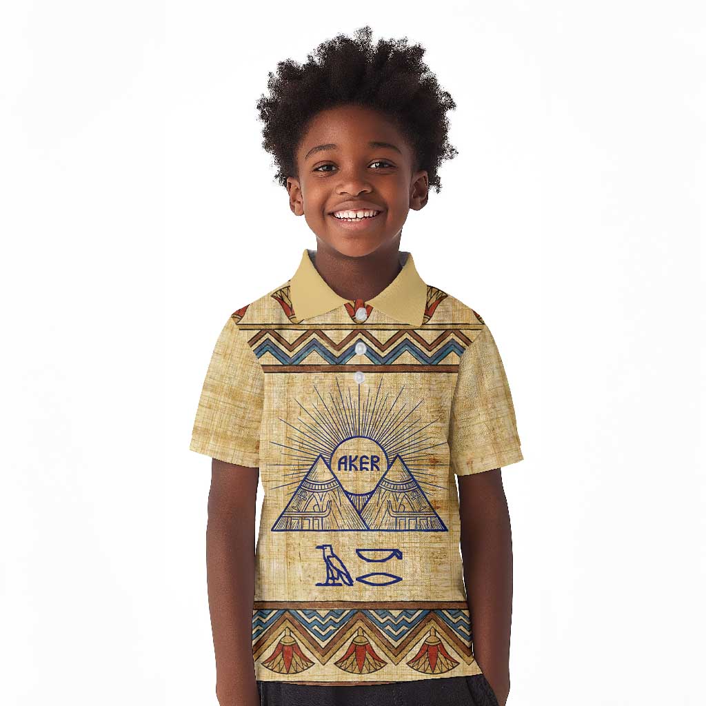 Aker Ancient Egyptian Kid Polo Shirt with Hieroglyphic Pattern, Pyramid Symbol, and Twin Lion Guardians Motif - Wonder Print Shop