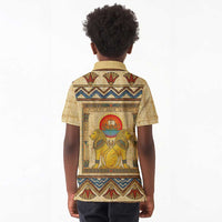 Aker Ancient Egyptian Kid Polo Shirt with Hieroglyphic Pattern, Pyramid Symbol, and Twin Lion Guardians Motif - Wonder Print Shop