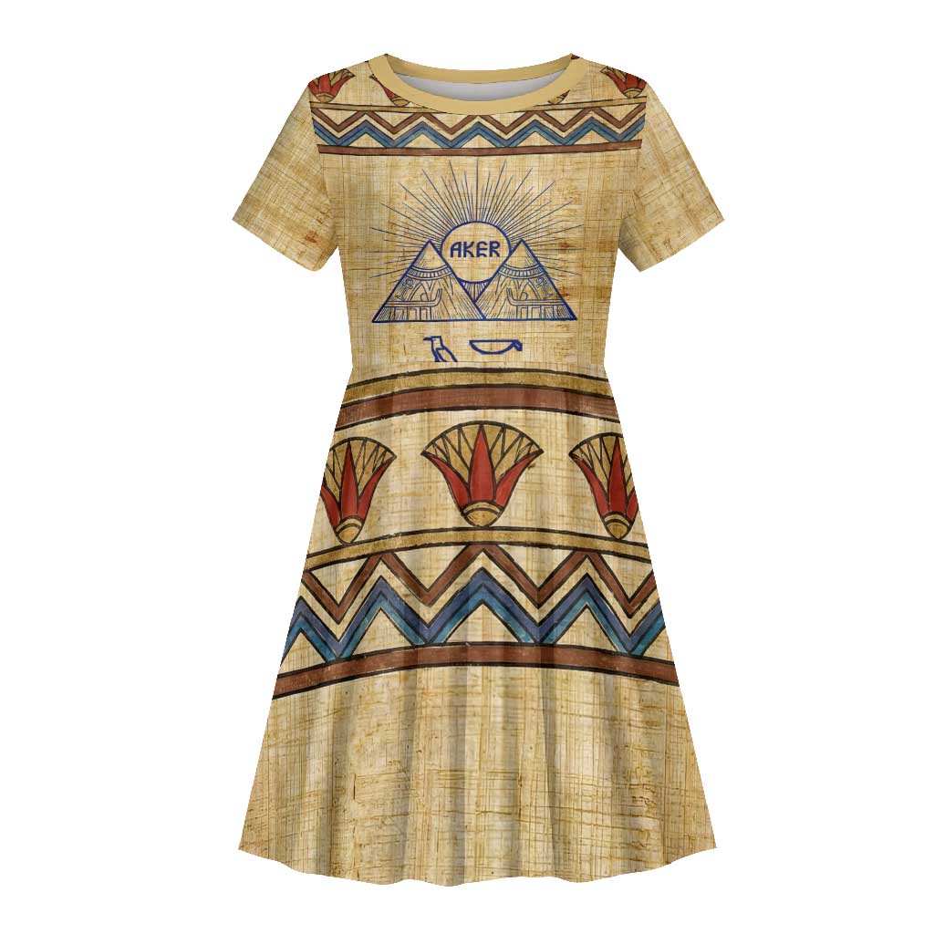 Aker Ancient Egyptian Kid Short Sleeve Dress with Hieroglyphic Pattern, Pyramid Symbol, and Twin Lion Guardians Motif - Wonder Print Shop