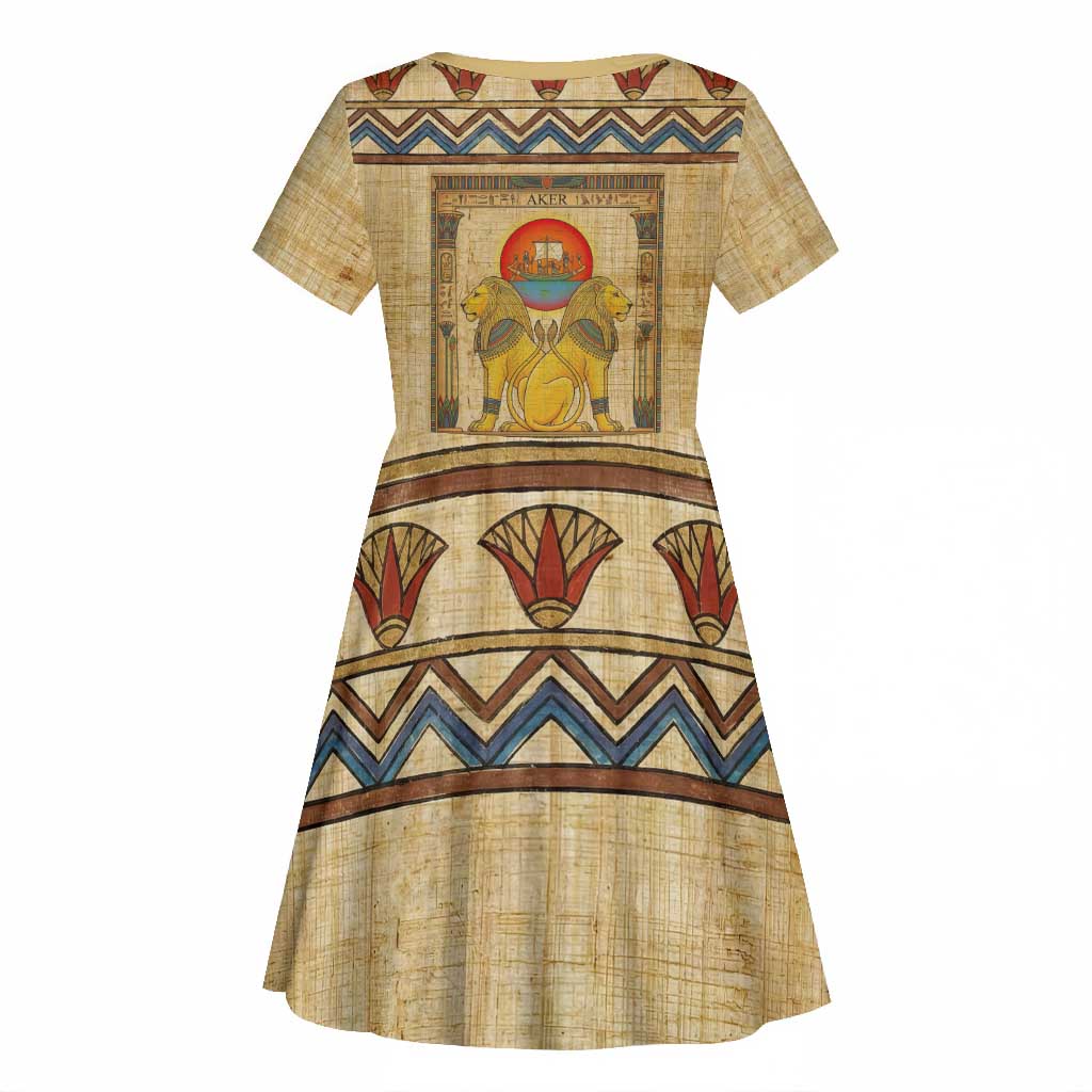 Aker Ancient Egyptian Kid Short Sleeve Dress with Hieroglyphic Pattern, Pyramid Symbol, and Twin Lion Guardians Motif - Wonder Print Shop