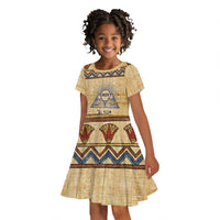 Aker Ancient Egyptian Kid Short Sleeve Dress with Hieroglyphic Pattern, Pyramid Symbol, and Twin Lion Guardians Motif - Wonder Print Shop