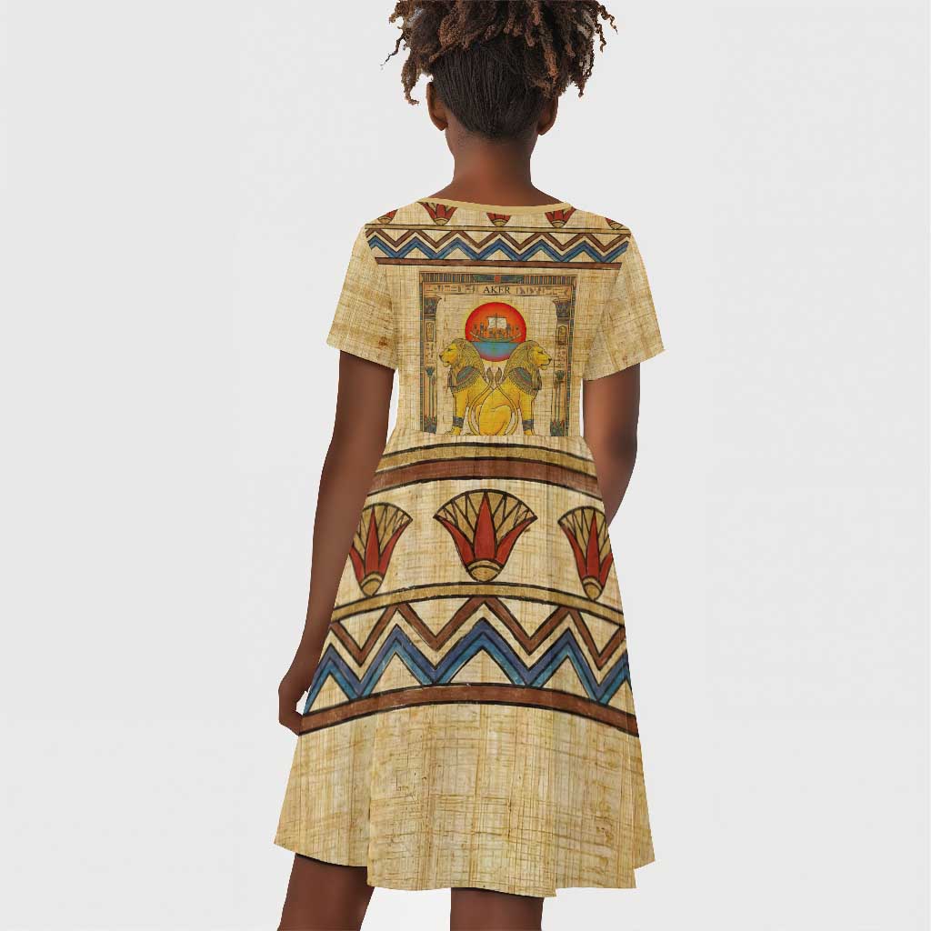 Aker Ancient Egyptian Kid Short Sleeve Dress with Hieroglyphic Pattern, Pyramid Symbol, and Twin Lion Guardians Motif - Wonder Print Shop