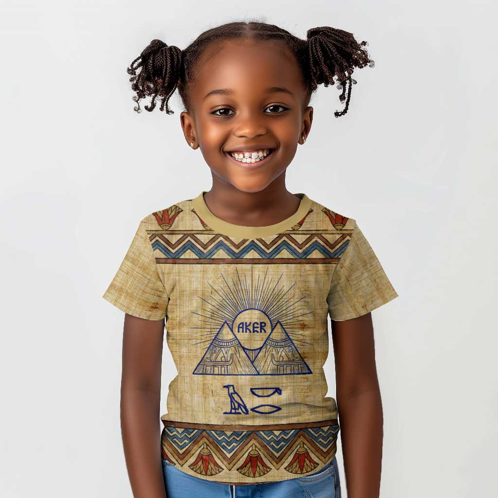 Aker Ancient Egyptian Kid T shirt with Hieroglyphic Pattern, Pyramid Symbol, and Twin Lion Guardians Motif - Wonder Print Shop