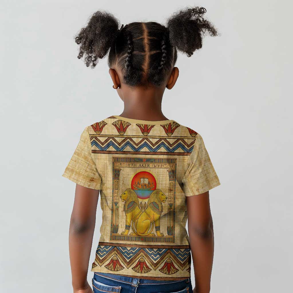 Aker Ancient Egyptian Kid T shirt with Hieroglyphic Pattern, Pyramid Symbol, and Twin Lion Guardians Motif - Wonder Print Shop