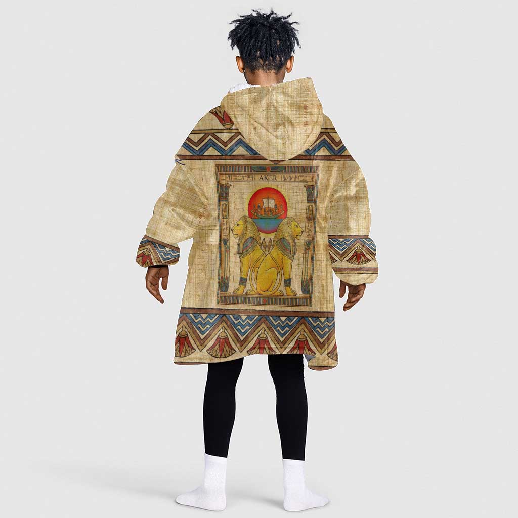 Aker Ancient Egyptian Kid Wearable Blanket Hoodie with Hieroglyphic Pattern, Pyramid Symbol, and Twin Lion Guardians Motif - Wonder Print Shop