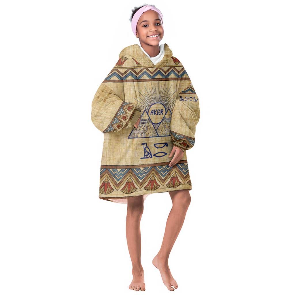 Aker Ancient Egyptian Kid Wearable Blanket Hoodie with Hieroglyphic Pattern, Pyramid Symbol, and Twin Lion Guardians Motif - Wonder Print Shop