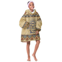 Aker Ancient Egyptian Kid Wearable Blanket Hoodie with Hieroglyphic Pattern, Pyramid Symbol, and Twin Lion Guardians Motif - Wonder Print Shop
