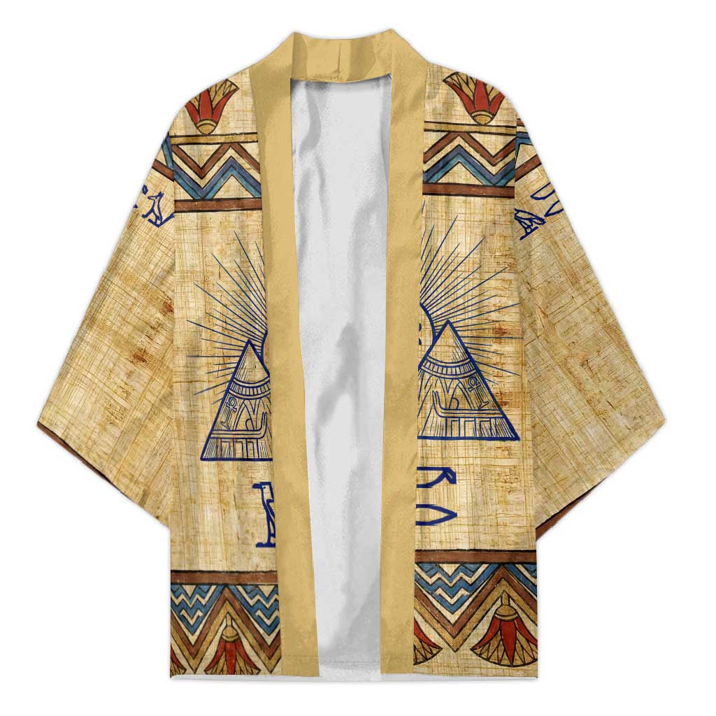 Aker Ancient Egyptian Kimono with Hieroglyphic Pattern, Pyramid Symbol, and Twin Lion Guardians Motif - Wonder Print Shop
