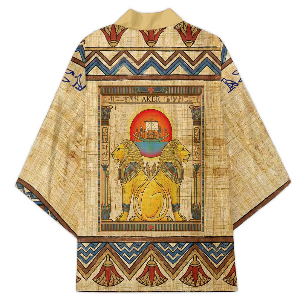 Aker Ancient Egyptian Kimono with Hieroglyphic Pattern, Pyramid Symbol, and Twin Lion Guardians Motif - Wonder Print Shop