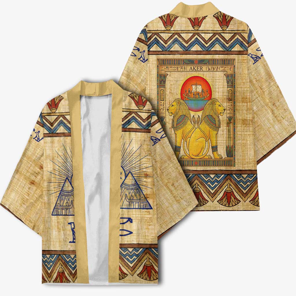 Aker Ancient Egyptian Kimono with Hieroglyphic Pattern, Pyramid Symbol, and Twin Lion Guardians Motif - Wonder Print Shop