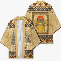 Aker Ancient Egyptian Kimono with Hieroglyphic Pattern, Pyramid Symbol, and Twin Lion Guardians Motif - Wonder Print Shop
