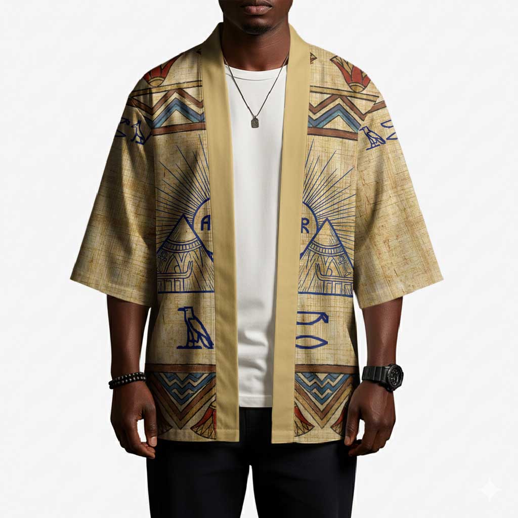 Aker Ancient Egyptian Kimono with Hieroglyphic Pattern, Pyramid Symbol, and Twin Lion Guardians Motif - Wonder Print Shop