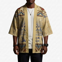 Aker Ancient Egyptian Kimono with Hieroglyphic Pattern, Pyramid Symbol, and Twin Lion Guardians Motif - Wonder Print Shop