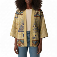 Aker Ancient Egyptian Kimono with Hieroglyphic Pattern, Pyramid Symbol, and Twin Lion Guardians Motif - Wonder Print Shop