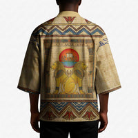Aker Ancient Egyptian Kimono with Hieroglyphic Pattern, Pyramid Symbol, and Twin Lion Guardians Motif - Wonder Print Shop