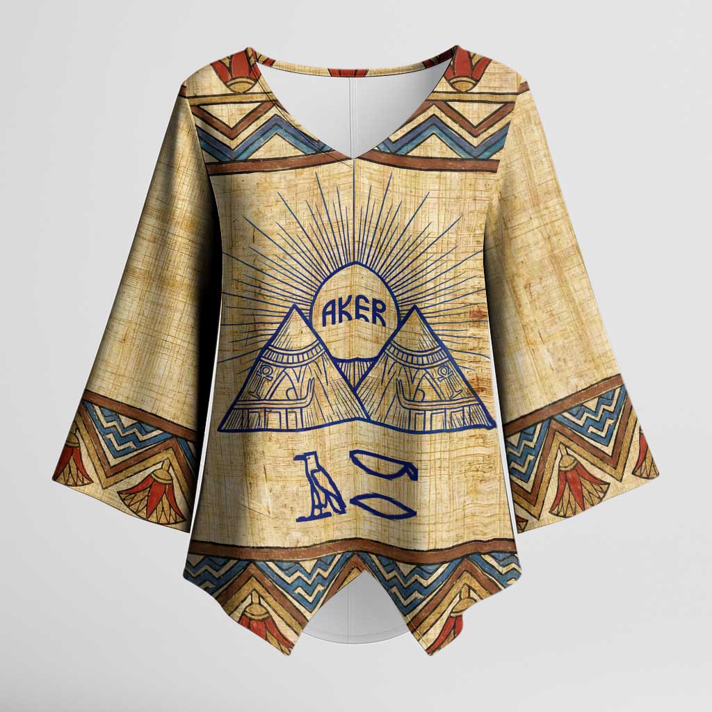 Aker Ancient Egyptian Kimono Sleeve Blouse with Hieroglyphic Pattern, Pyramid Symbol, and Twin Lion Guardians Motif - Wonder Print Shop