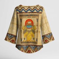 Aker Ancient Egyptian Kimono Sleeve Blouse with Hieroglyphic Pattern, Pyramid Symbol, and Twin Lion Guardians Motif - Wonder Print Shop