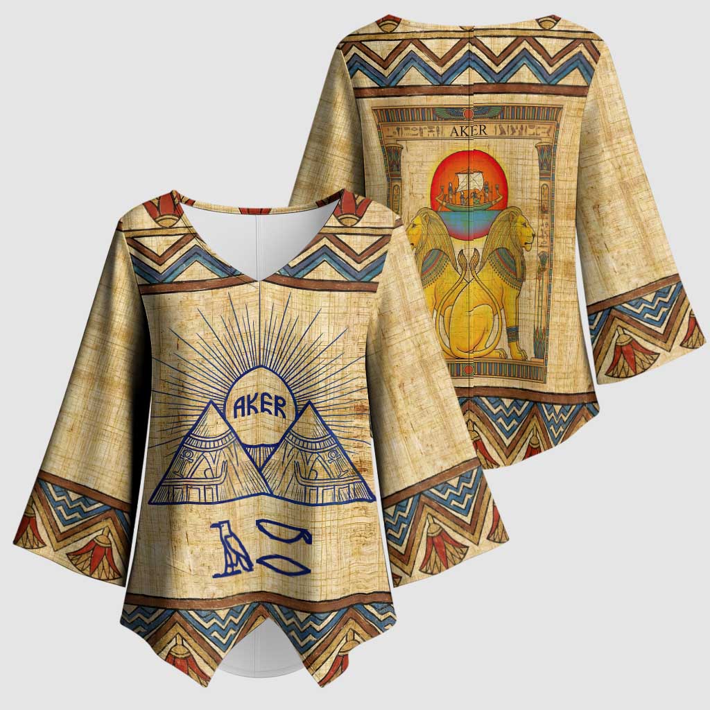 Aker Ancient Egyptian Kimono Sleeve Blouse with Hieroglyphic Pattern, Pyramid Symbol, and Twin Lion Guardians Motif - Wonder Print Shop