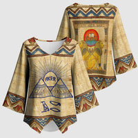 Aker Ancient Egyptian Kimono Sleeve Blouse with Hieroglyphic Pattern, Pyramid Symbol, and Twin Lion Guardians Motif - Wonder Print Shop