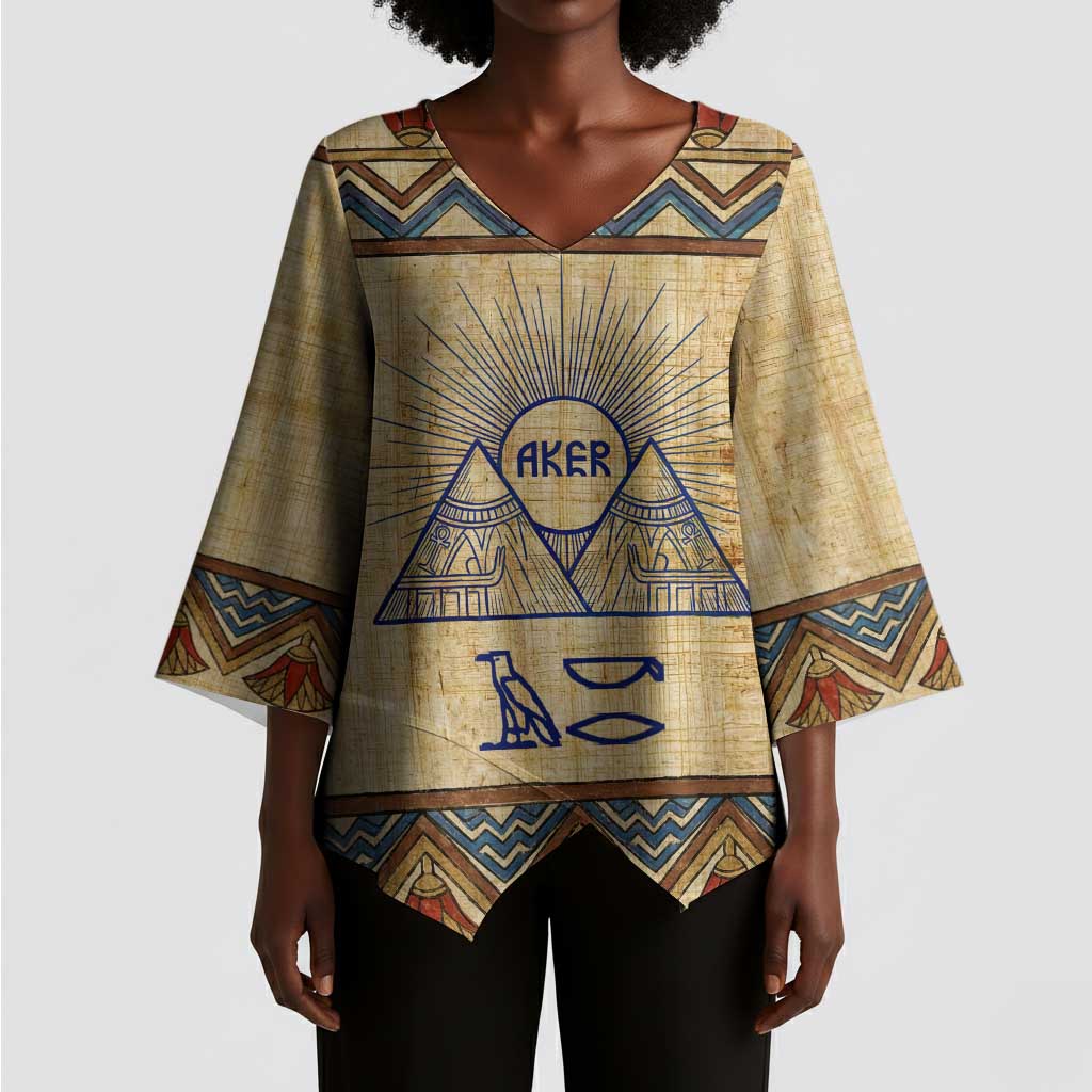 Aker Ancient Egyptian Kimono Sleeve Blouse with Hieroglyphic Pattern, Pyramid Symbol, and Twin Lion Guardians Motif - Wonder Print Shop