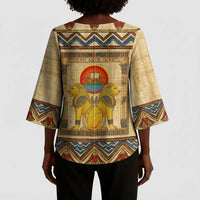 Aker Ancient Egyptian Kimono Sleeve Blouse with Hieroglyphic Pattern, Pyramid Symbol, and Twin Lion Guardians Motif - Wonder Print Shop
