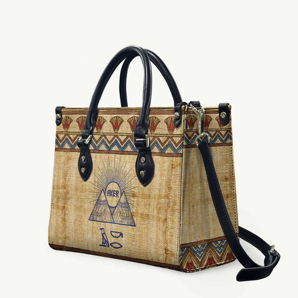 Aker Ancient Egyptian Leather Bag with Hieroglyphic Pattern, Pyramid Symbol, and Twin Lion Guardians Motif - Wonder Print Shop