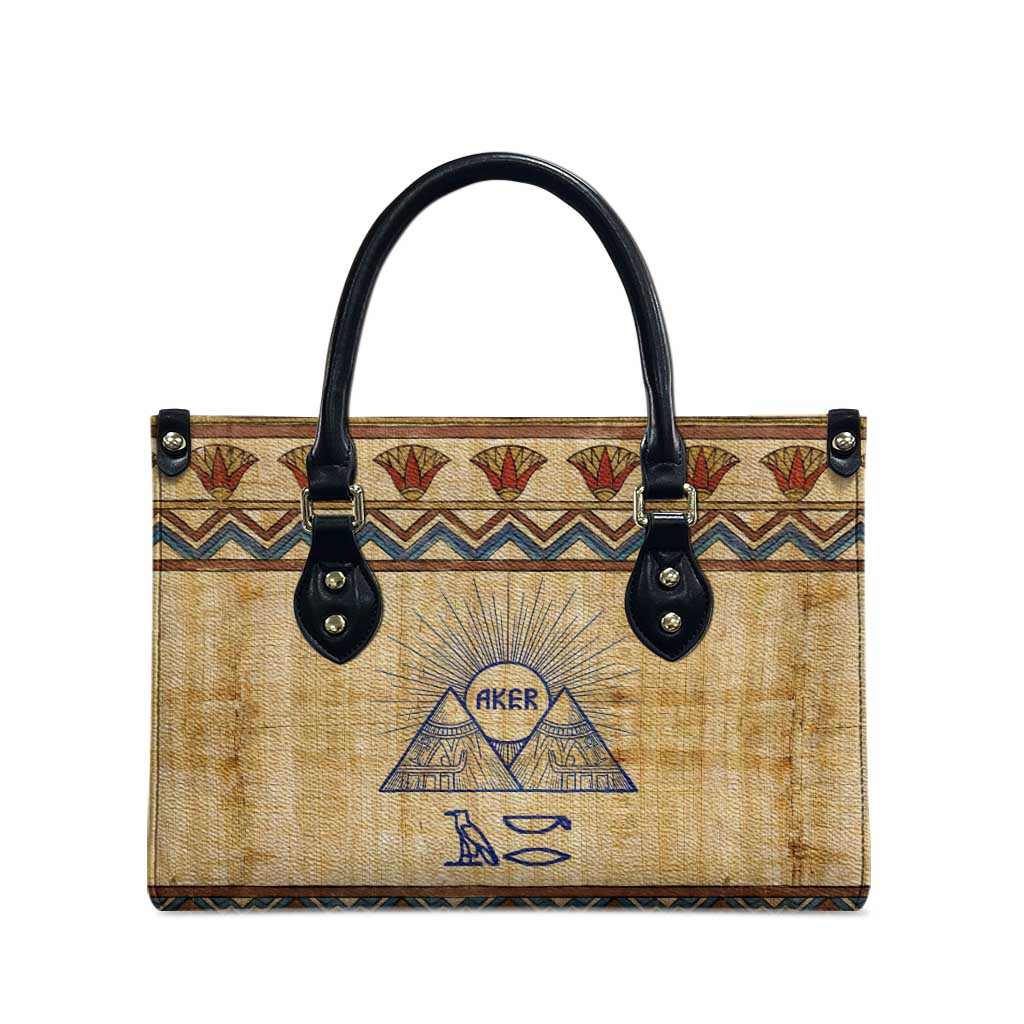 Aker Ancient Egyptian Leather Bag with Hieroglyphic Pattern, Pyramid Symbol, and Twin Lion Guardians Motif - Wonder Print Shop