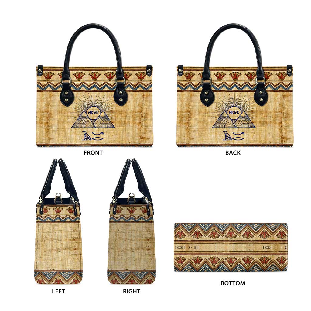 Aker Ancient Egyptian Leather Bag with Hieroglyphic Pattern, Pyramid Symbol, and Twin Lion Guardians Motif - Wonder Print Shop