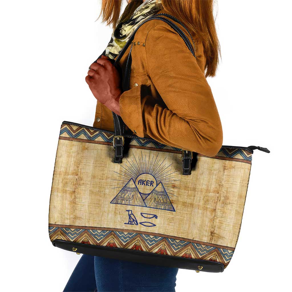 Aker Ancient Egyptian Leather Tote Bag with Hieroglyphic Pattern, Pyramid Symbol, and Twin Lion Guardians Motif - Wonder Print Shop