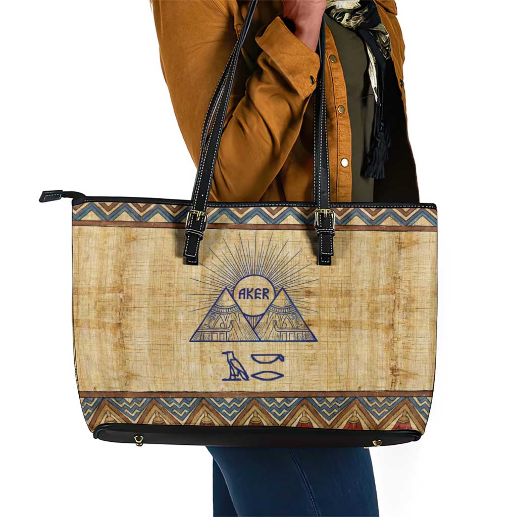 Aker Ancient Egyptian Leather Tote Bag with Hieroglyphic Pattern, Pyramid Symbol, and Twin Lion Guardians Motif - Wonder Print Shop