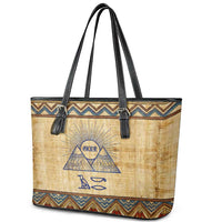 Aker Ancient Egyptian Leather Tote Bag with Hieroglyphic Pattern, Pyramid Symbol, and Twin Lion Guardians Motif - Wonder Print Shop