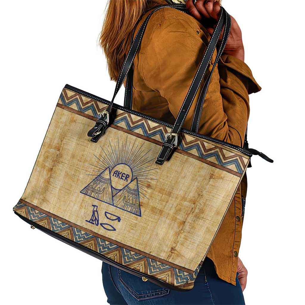 Aker Ancient Egyptian Leather Tote Bag with Hieroglyphic Pattern, Pyramid Symbol, and Twin Lion Guardians Motif - Wonder Print Shop
