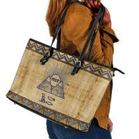 Aker Ancient Egyptian Leather Tote Bag with Hieroglyphic Pattern, Pyramid Symbol, and Twin Lion Guardians Motif - Wonder Print Shop