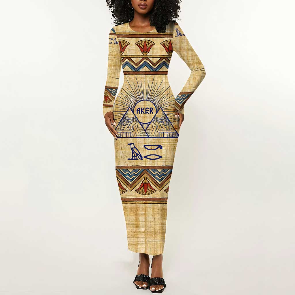Aker Ancient Egyptian Long Sleeve Bodycon Dress with Hieroglyphic Pattern, Pyramid Symbol, and Twin Lion Guardians Motif - Wonder Print Shop