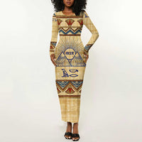 Aker Ancient Egyptian Long Sleeve Bodycon Dress with Hieroglyphic Pattern, Pyramid Symbol, and Twin Lion Guardians Motif - Wonder Print Shop