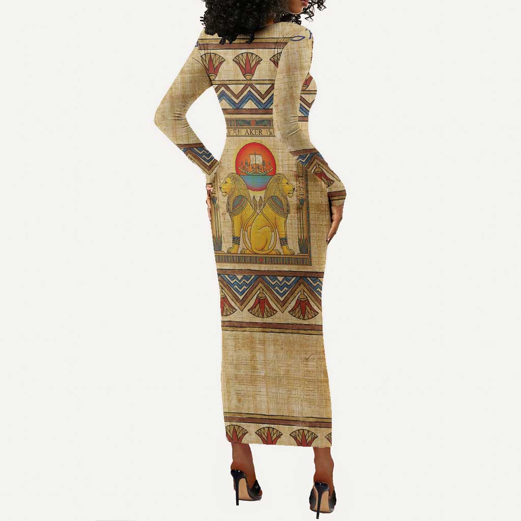 Aker Ancient Egyptian Long Sleeve Bodycon Dress with Hieroglyphic Pattern, Pyramid Symbol, and Twin Lion Guardians Motif - Wonder Print Shop