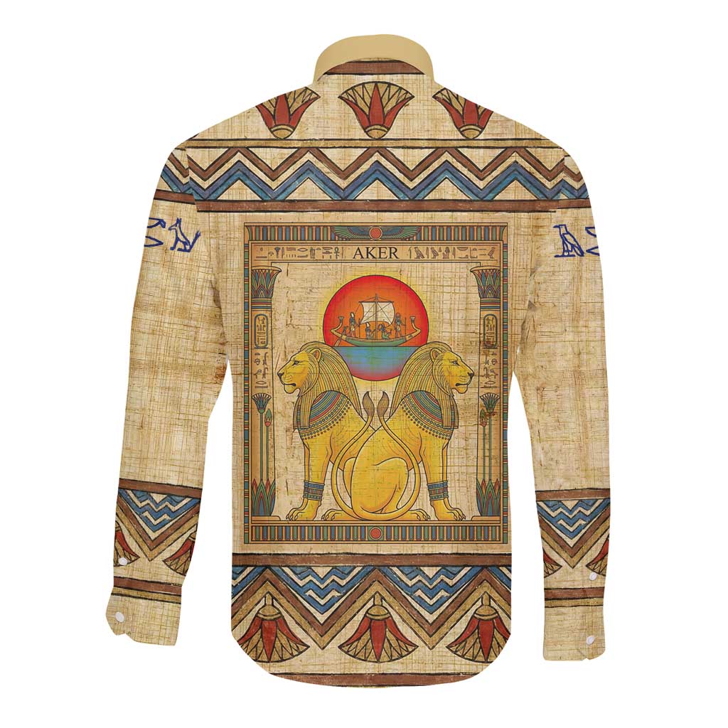 Aker Ancient Egyptian Long Sleeve Button Shirt with Hieroglyphic Pattern, Pyramid Symbol, and Twin Lion Guardians Motif - Wonder Print Shop