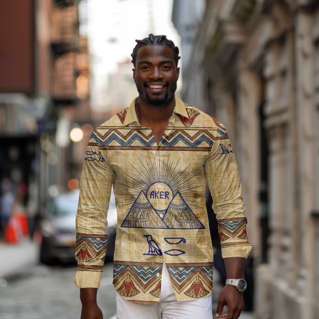 Aker Ancient Egyptian Long Sleeve Button Shirt with Hieroglyphic Pattern, Pyramid Symbol, and Twin Lion Guardians Motif - Wonder Print Shop
