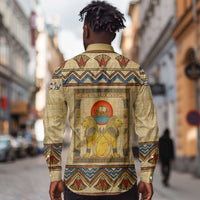 Aker Ancient Egyptian Long Sleeve Button Shirt with Hieroglyphic Pattern, Pyramid Symbol, and Twin Lion Guardians Motif - Wonder Print Shop