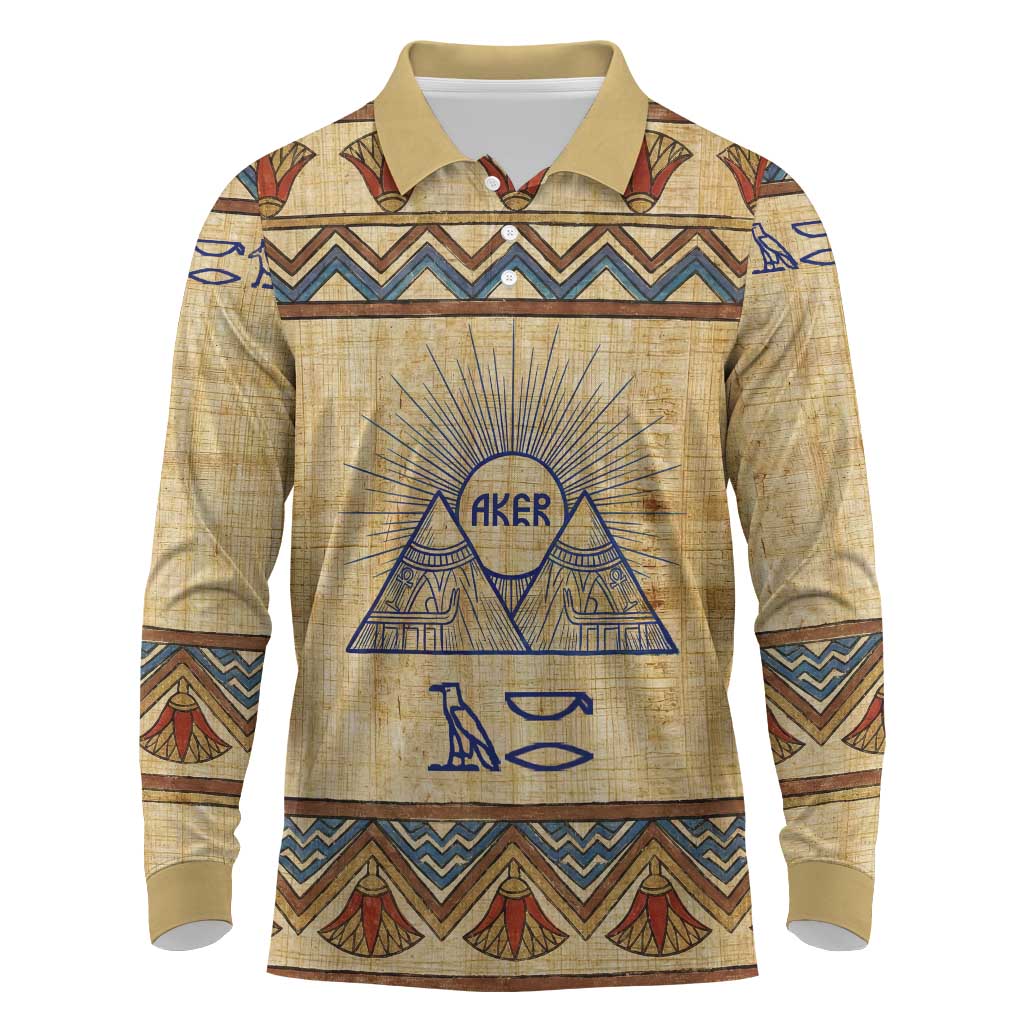 Aker Ancient Egyptian Long Sleeve Polo Shirt with Hieroglyphic Pattern, Pyramid Symbol, and Twin Lion Guardians Motif - Wonder Print Shop