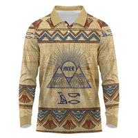 Aker Ancient Egyptian Long Sleeve Polo Shirt with Hieroglyphic Pattern, Pyramid Symbol, and Twin Lion Guardians Motif - Wonder Print Shop