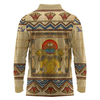 Aker Ancient Egyptian Long Sleeve Polo Shirt with Hieroglyphic Pattern, Pyramid Symbol, and Twin Lion Guardians Motif - Wonder Print Shop