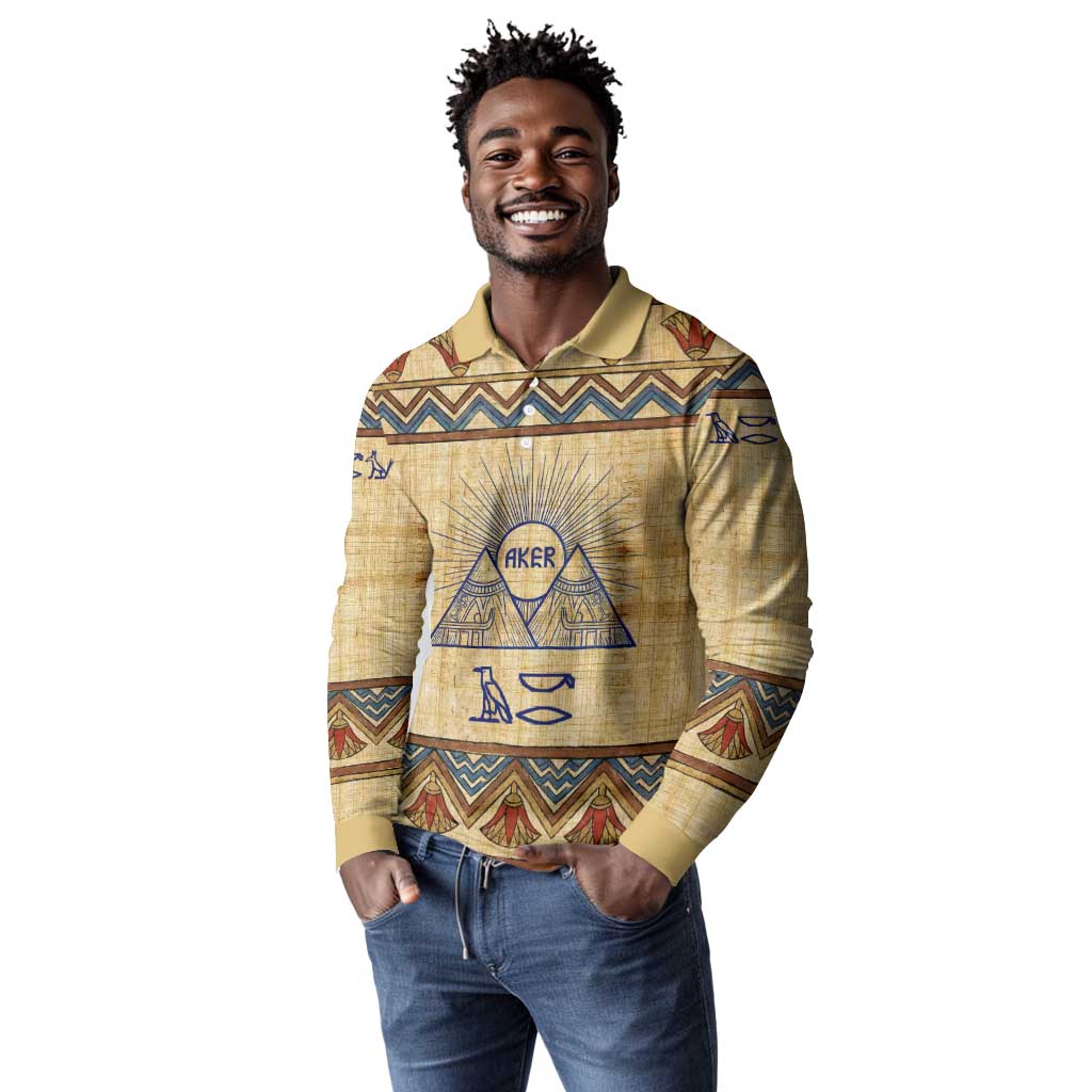 Aker Ancient Egyptian Long Sleeve Polo Shirt with Hieroglyphic Pattern, Pyramid Symbol, and Twin Lion Guardians Motif - Wonder Print Shop